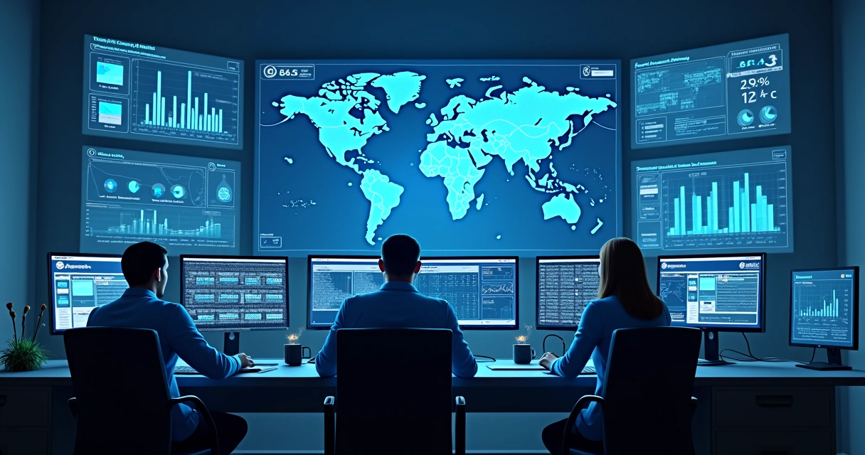 Painéis digitais e gráficos representando proteção de dados e cibersegurança, com tons azuis e elementos tecnológicos 