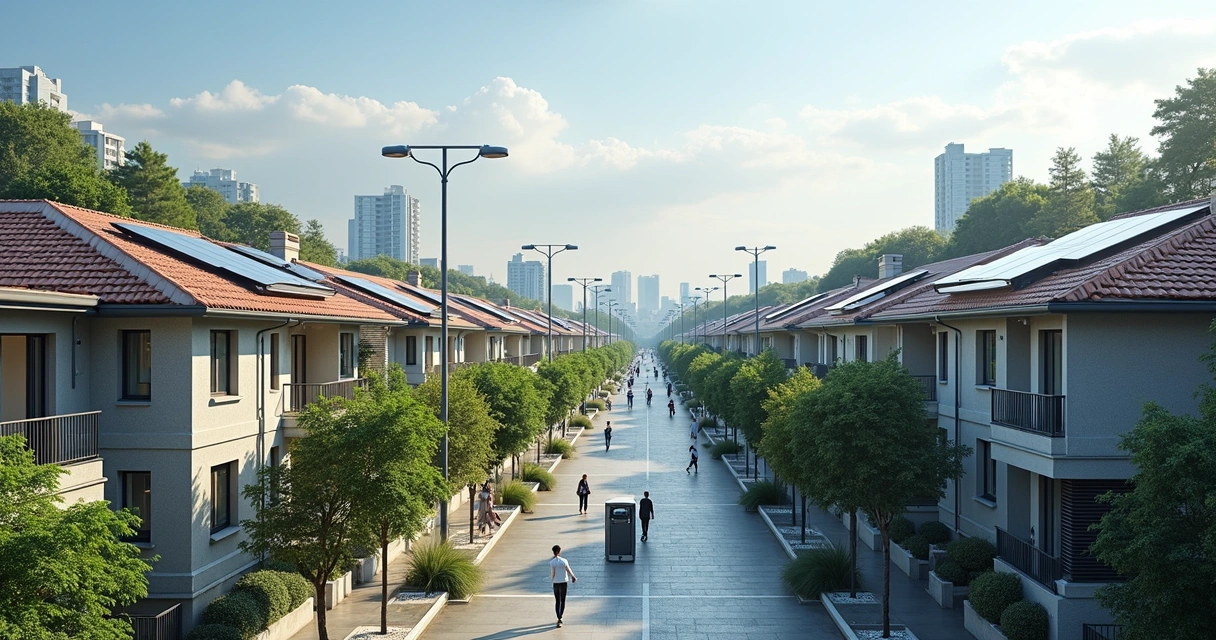 Vista panorâmica de cidade com painéis solares em telhados e postes de iluminação LED