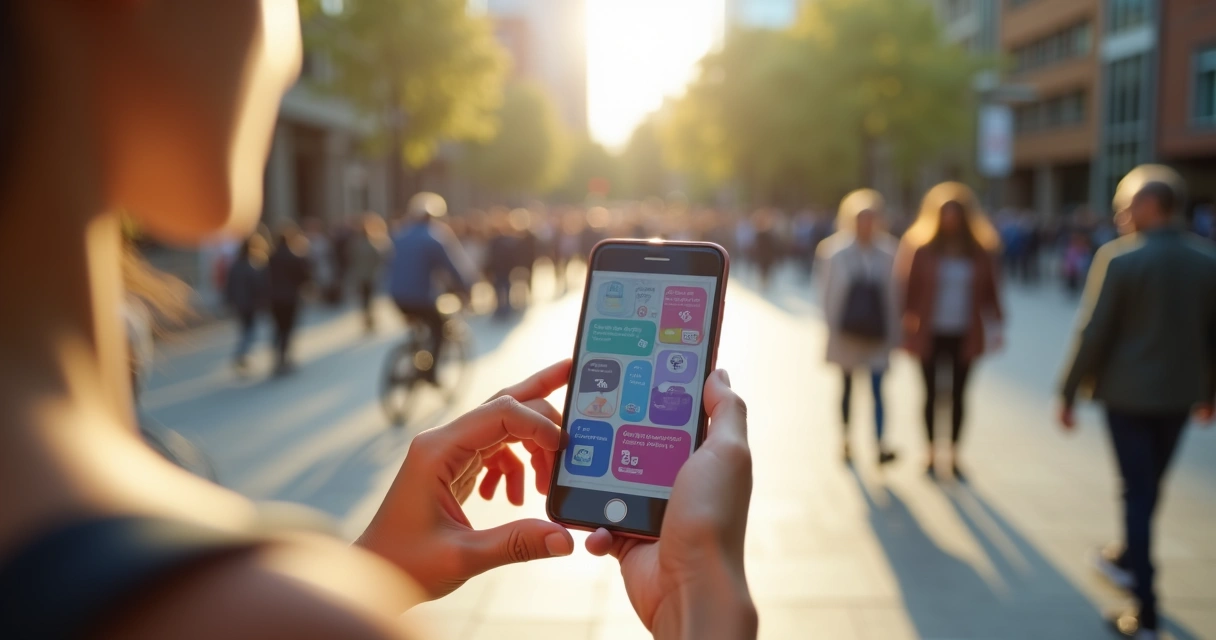 Persona usando móvil con aplicación de ciudad en espacio público 