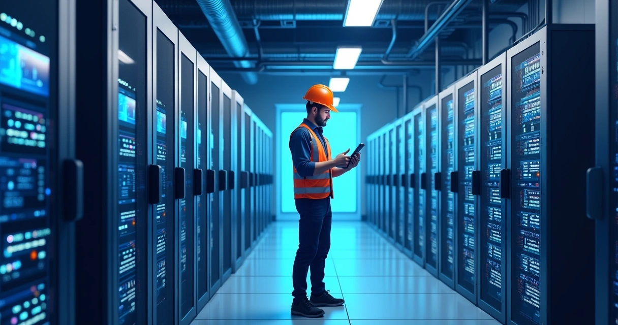 Engenheiro trabalhando entre sistemas de climatização e UPS em data center 