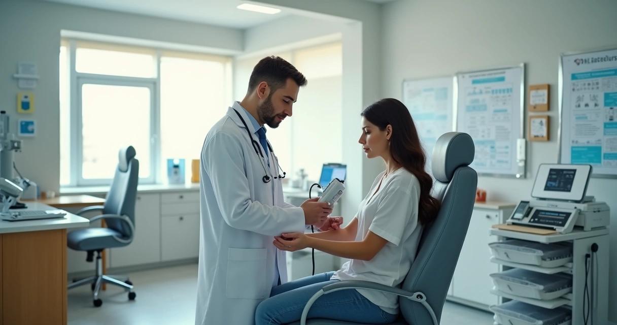 Médico segurando dispositivo moderno de diagnóstico junto ao braço do paciente 