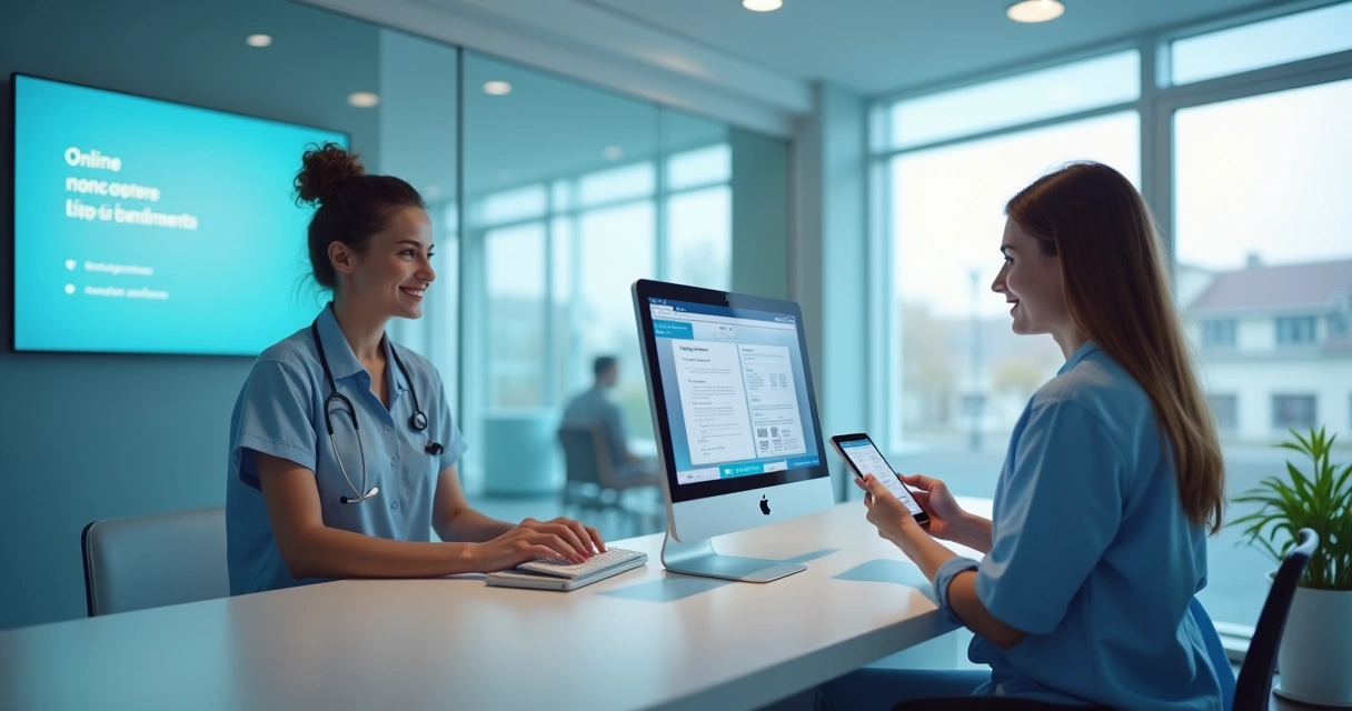 Recepcionista usa computador com chatbot, paciente completa cadastro em tablet 