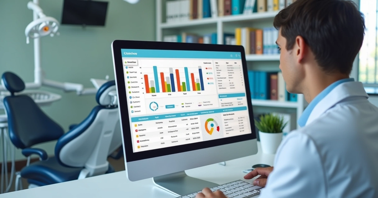 Profissional em clínica odontológica usando computador para gestão financeira. 