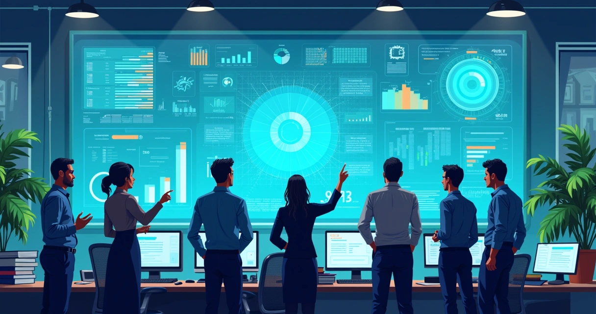 Ilustração de sistema financeiro automatizado com alertas integrados em tela grande, equipe observando gráficos. 