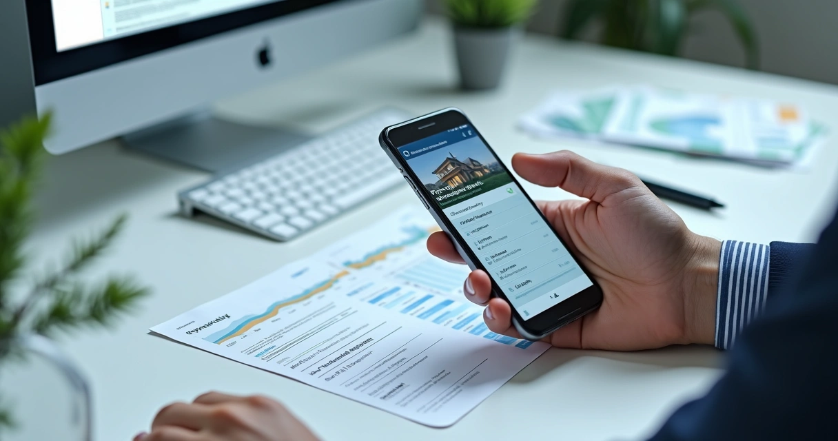 Mesa de escritório com computador, smartphone exibindo WhatsApp, papéis de cobrança, e uma tela de plataforma digital de gestão imobiliária 