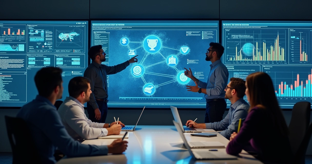 Equipe de empresa utilizando tecnologia de forma colaborativa.