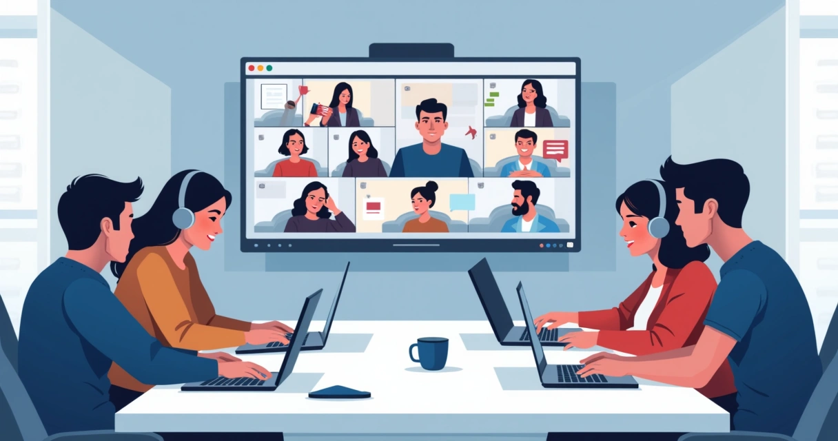 Equipe conectada em chamada de vídeo colaborativa 