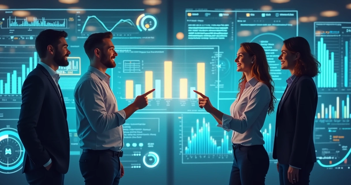 Equipes de tecnologia e comercial sorrindo em frente a painéis digitais. 