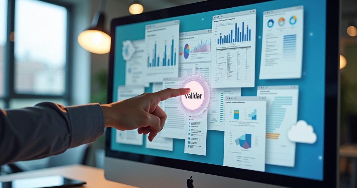 Tela de computador com gráficos fiscais e documentos digitais em destaque 