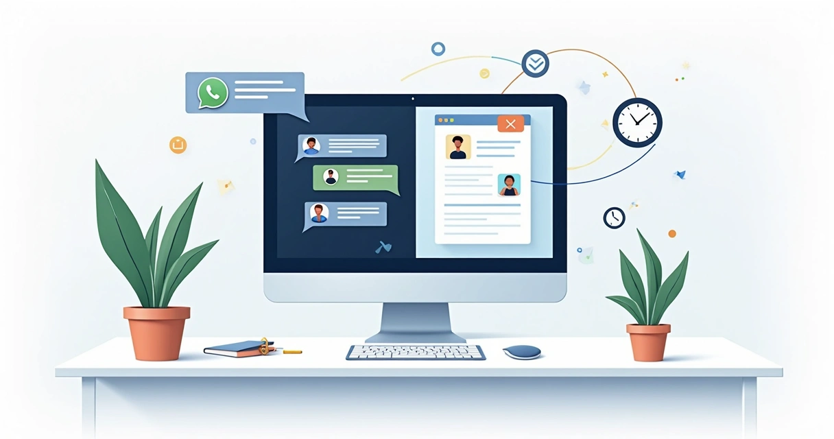 Ilustração que mostra computador com tela dividida entre WhatsApp e e-mail, enquanto prazos e tarefas aparecem conectando a diferentes pessoas
