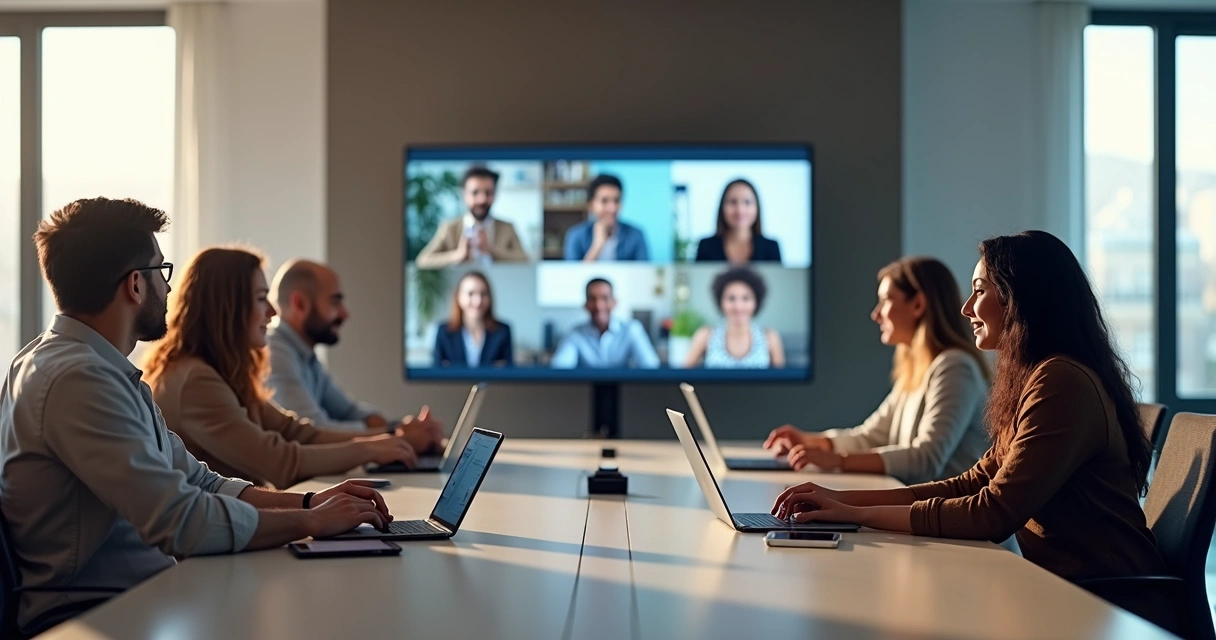 Equipe híbrida usando diversas tecnologias em reunião no escritório