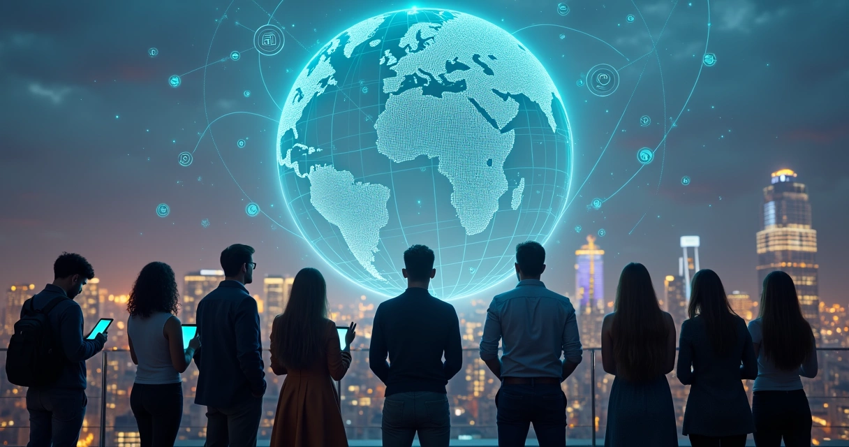 Personas conectadas a través de pantallas digitales sobre una ciudad iluminada representando conciencia social 