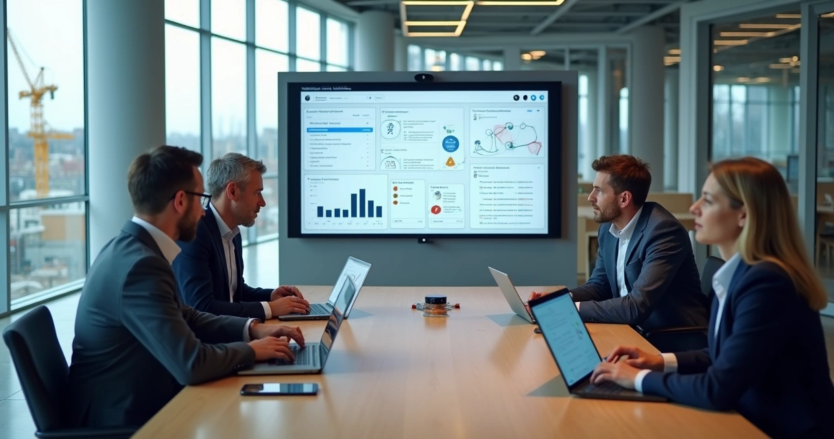 Engenheiro analisando plataforma digital de construção com gráficos de atualização contínua 