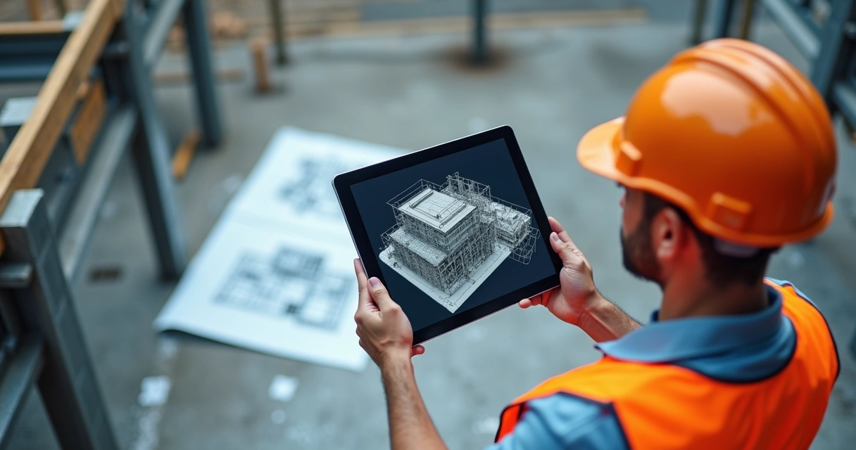 Técnico analisando projeto digital BIM em tablet no canteiro de obra 