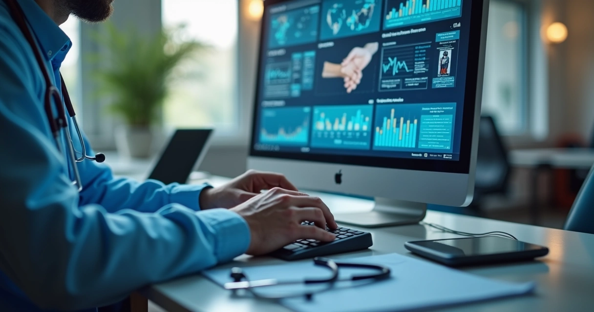 Tela de computador com prontuário eletrônico em consulta 