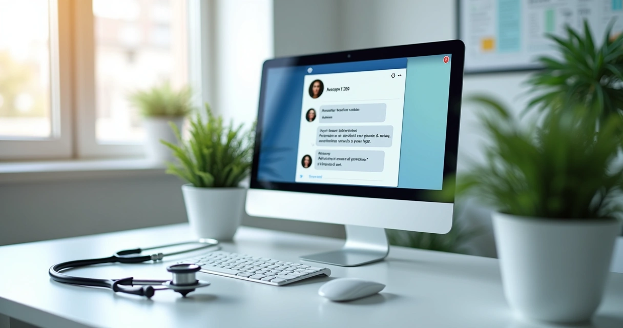 Computador em consultório médico ao lado de estetoscópio 