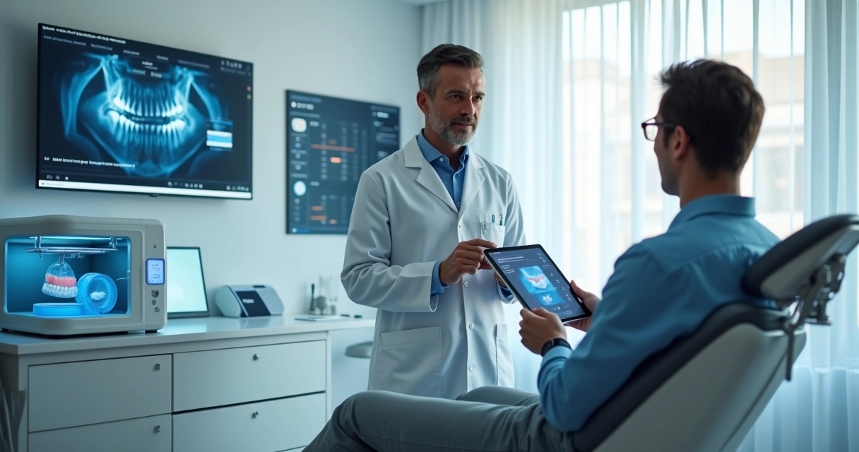 Dentista usando tablet em consultório odontológico moderno com equipamentos digitais 