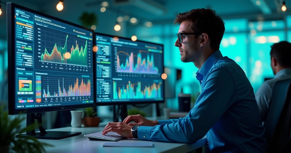 Profissional examina tela com gráficos, IA e blockchain ao fundo 