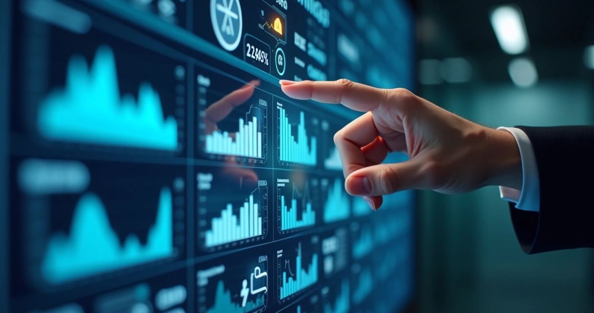 Painel digital com gráficos financeiros e ícones jurídicos 