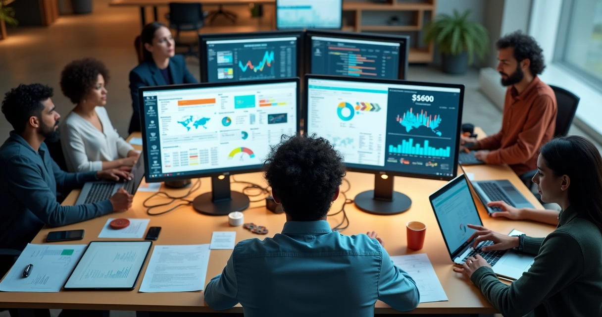 Profissional em escritório contábil usando computador moderno 