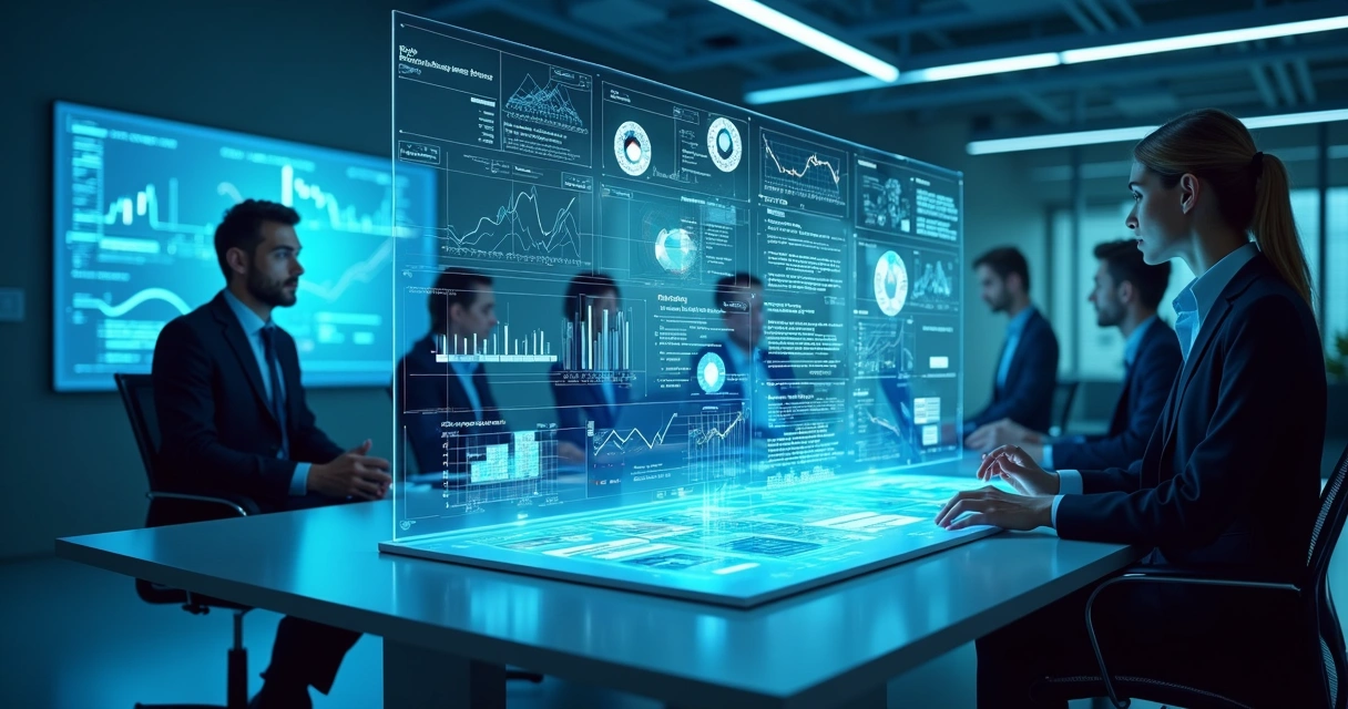 Tecnologia avançada com gráficos financeiros em telas holográficas 