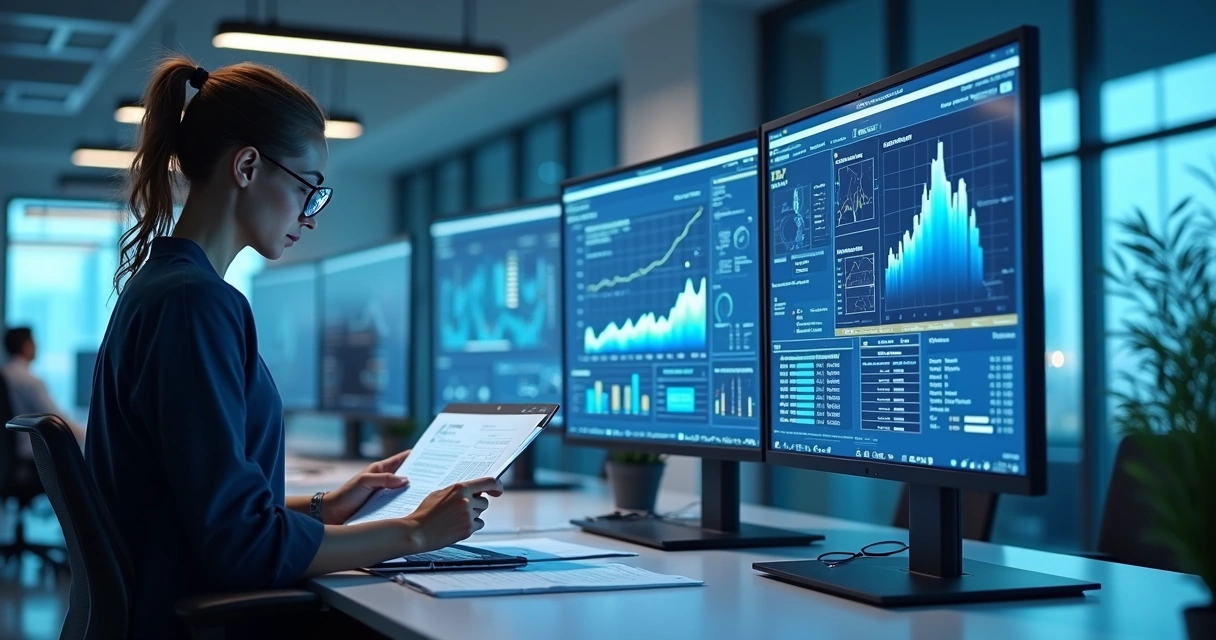 Profissional analisando dados financeiros em telas digitais 