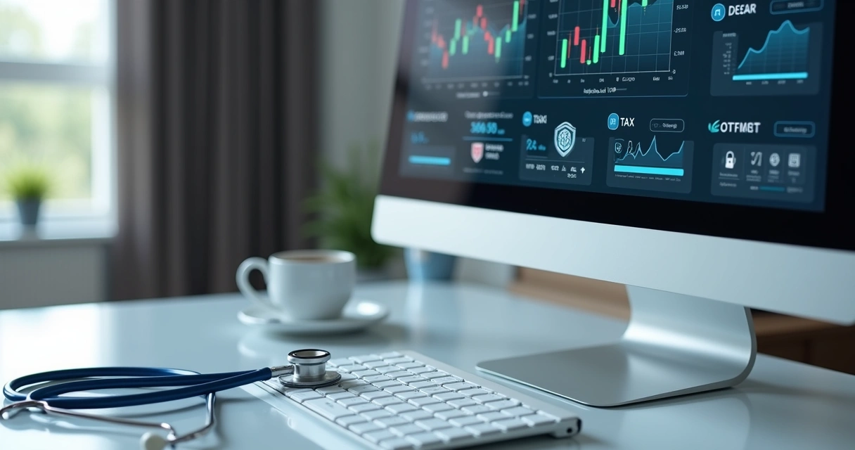 Software de gestão médica e contábil aberto em tela de computador 