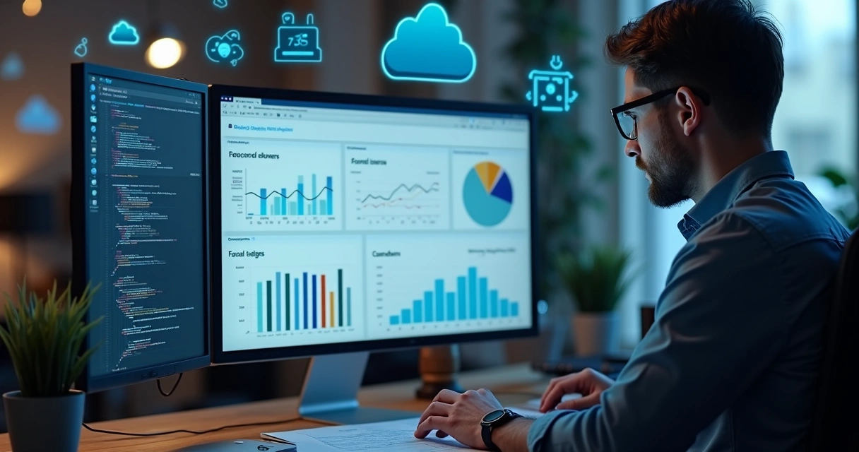 Tela de computador simulando dashboard de notas fiscais e tributos e uma pessoa programadora ao lado analisando.