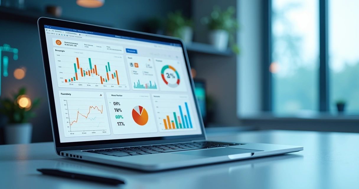 Dashboard financeiro digital em laptop com gráficos coloridos.