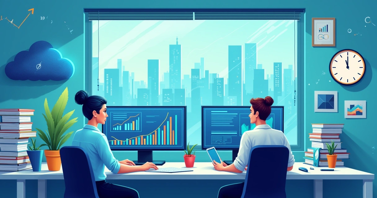 Profissionais colaborando em um escritório moderno de contabilidade, cercados por tecnologia e gráficos financeiros.