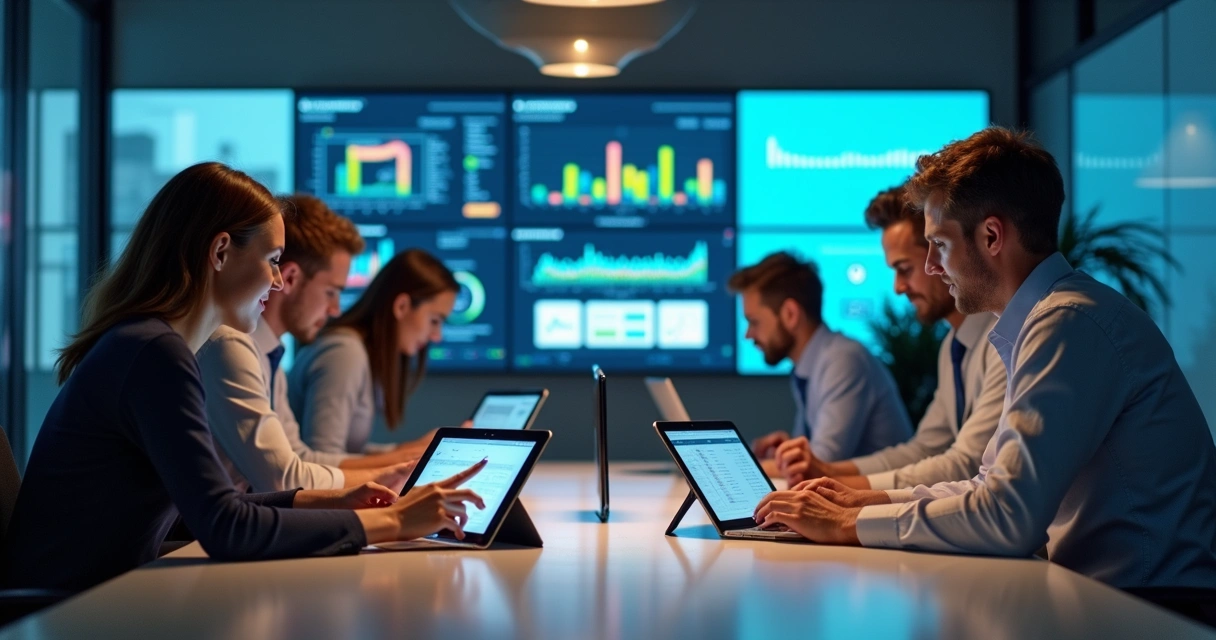 Equipe de contabilidade usando automação em múltiplos dispositivos 