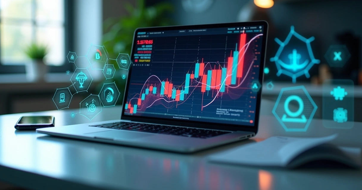 Mesa de escritório com laptop exibindo gráficos financeiros, documentos digitais e hologramas de inteligência artificial ao redor 