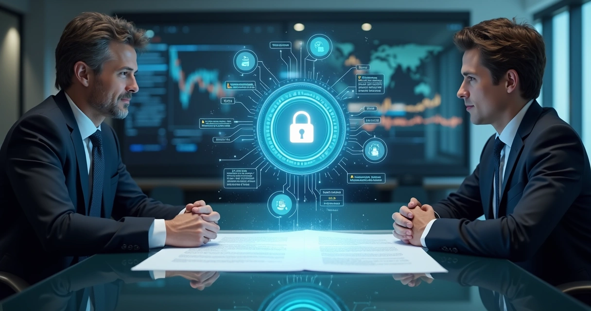 Pessoa assinando contrato de tecnologia em mesa iluminada com hologramas de cadeado e dados digitais. 