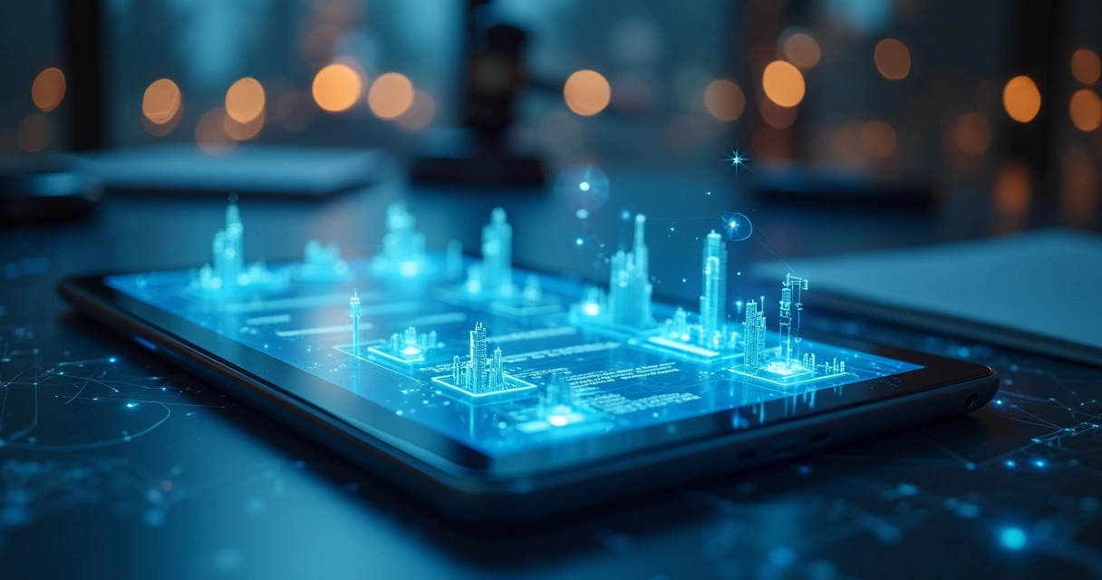 Tela digital com contratos digitais e ícones de blockchain ao fundo 