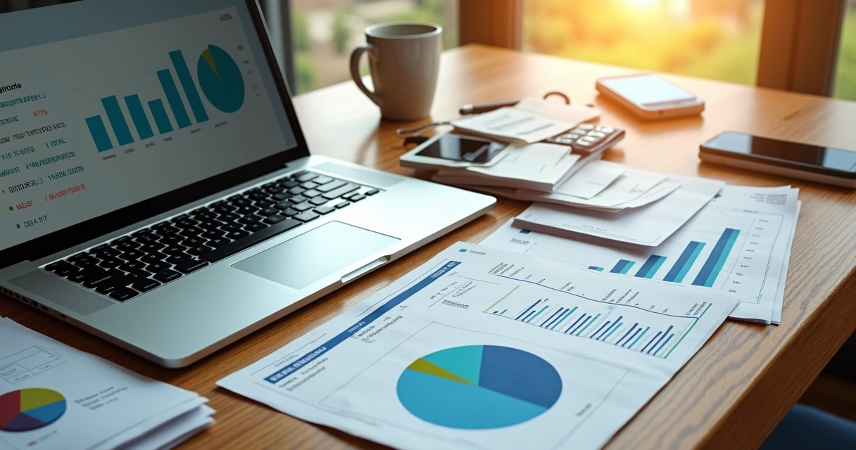 Visão superior de mesa com computador, recibos e gráficos financeiros 