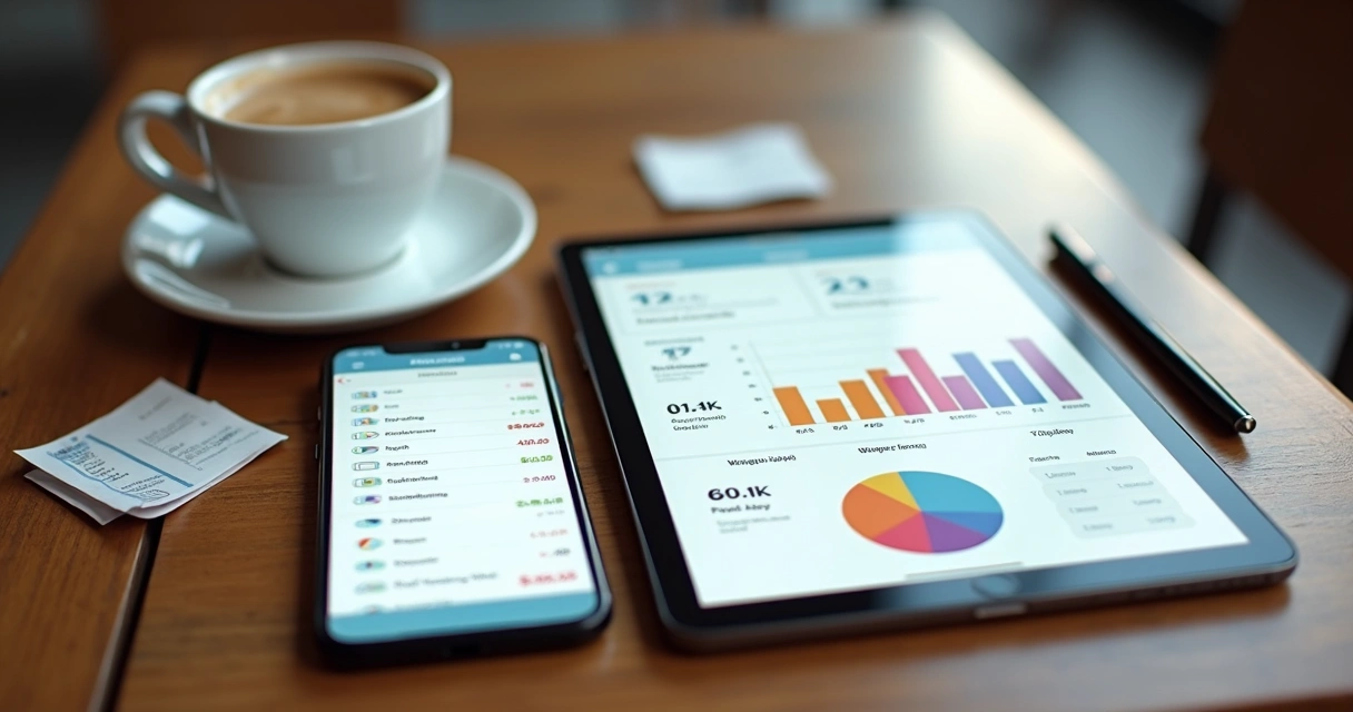 Aplicativos de finanças abertos em celular e tablet próximo a café 