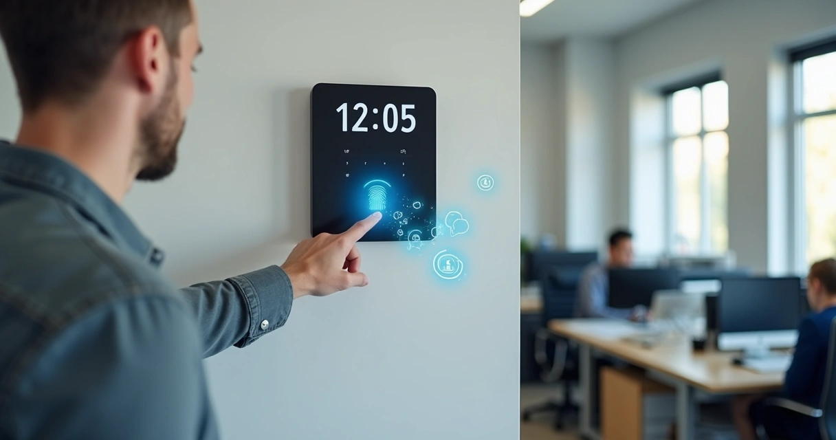Funcionário registrando ponto em equipamento digital moderno 