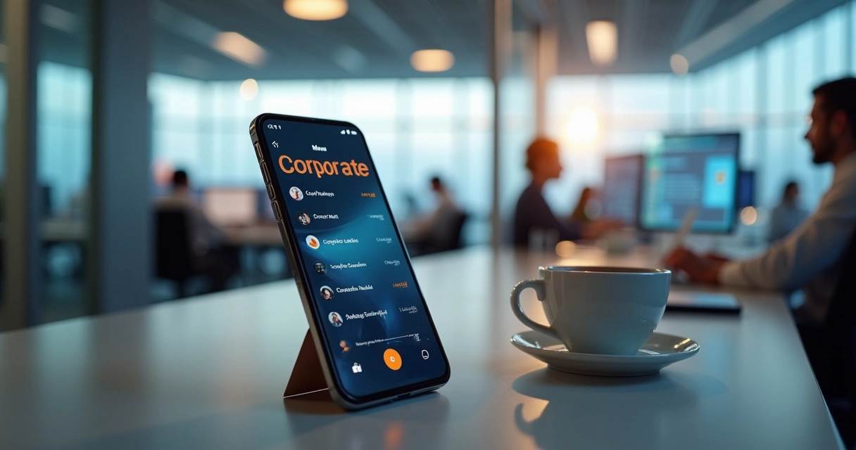 Dispositivo móvel exibindo cardápio digital corporativo em ambiente de trabalho moderno.