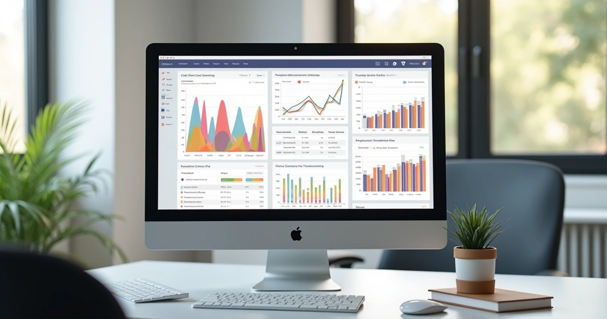 Painel CRM em monitor mostrando dados de performance para clínica 