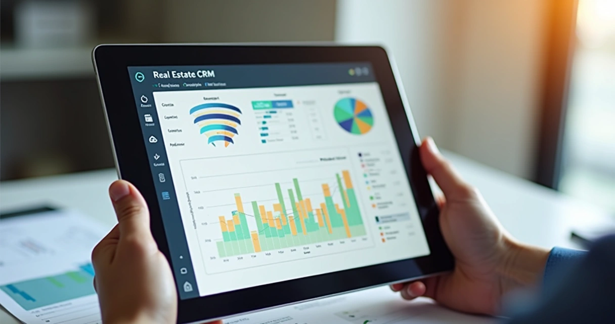 Tablete com tela de CRM imobiliário e gráficos coloridos, mãos de consultor usando. 