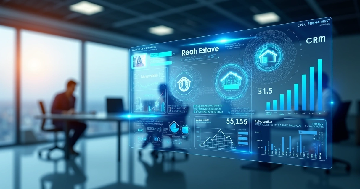 Interface futurista de CRM imobiliário em tela digital 