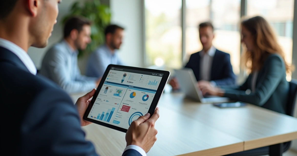 Gestor usando CRM em tablet com equipe ao fundo 