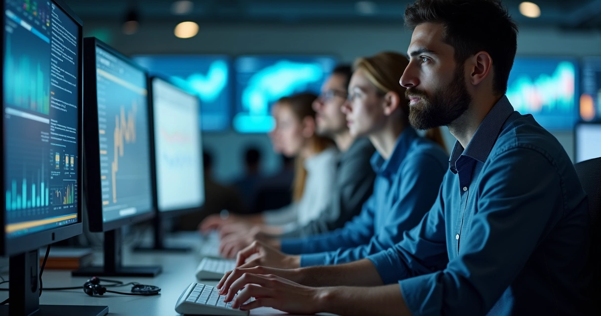 Equipe de vendas usando CRM em computadores, focados em tela 