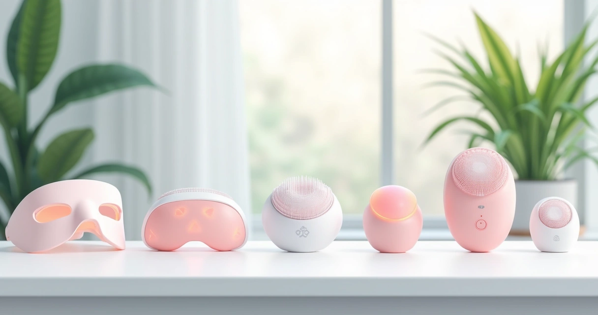 Vários dispositivos de cuidados faciais dispostos em uma mesa com fundo claro 