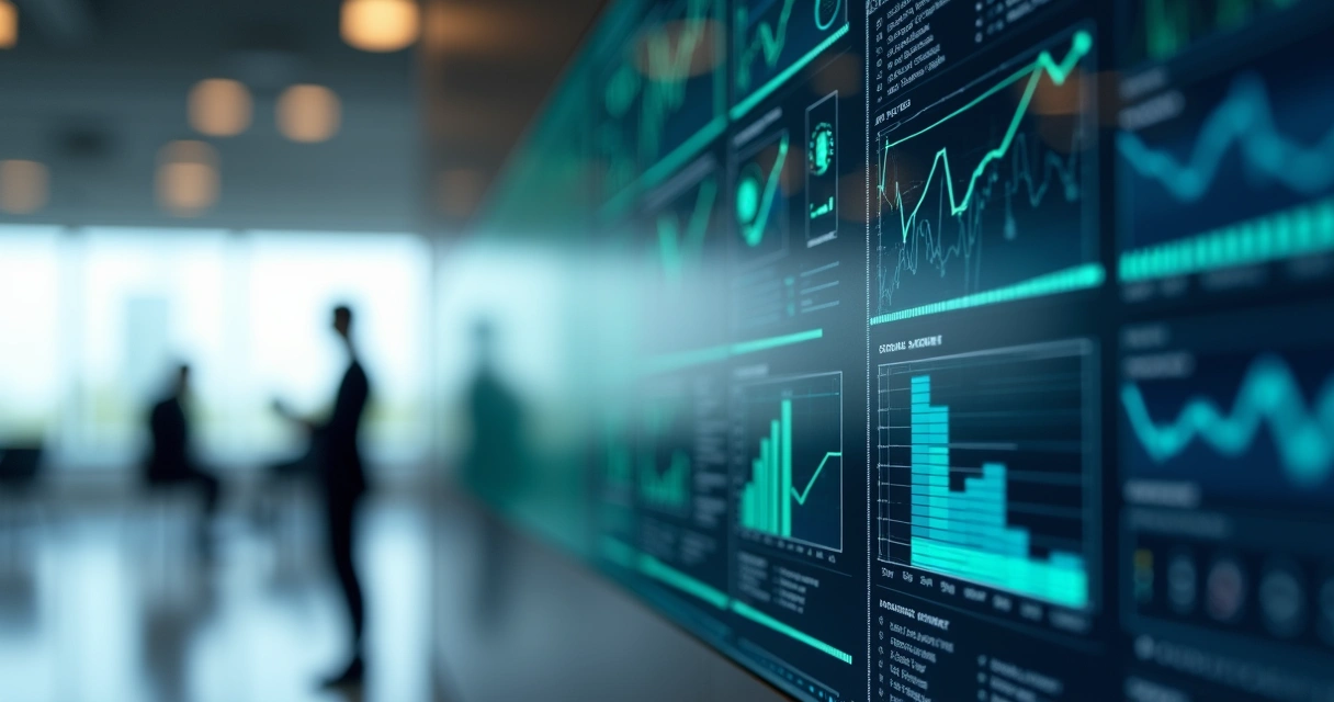 Painel digital exibindo alertas de gestão e dados financeiros em tempo real 