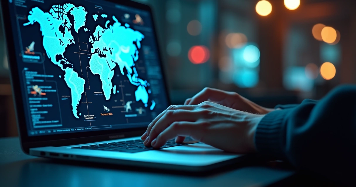 Mãos digitando em laptop com mapa das Américas em tela e códigos digitais ao redor 
