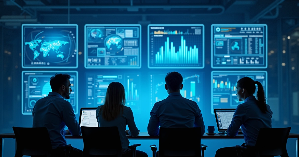 Empresários analisando gráficos com dados digitais na tela 