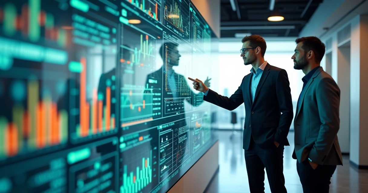 Painel digital exibindo gráficos de dados e análise empresarial em tela de alta resolução 