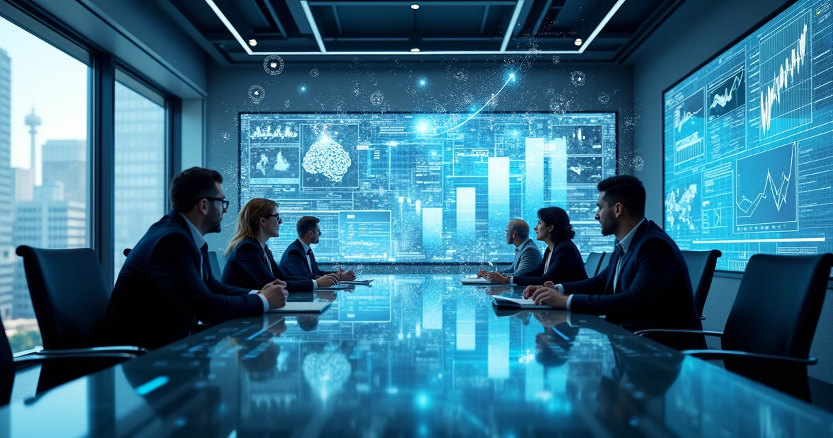 Telas digitais mostrando gráficos, dados e IA em sala de reuniões empresarial 