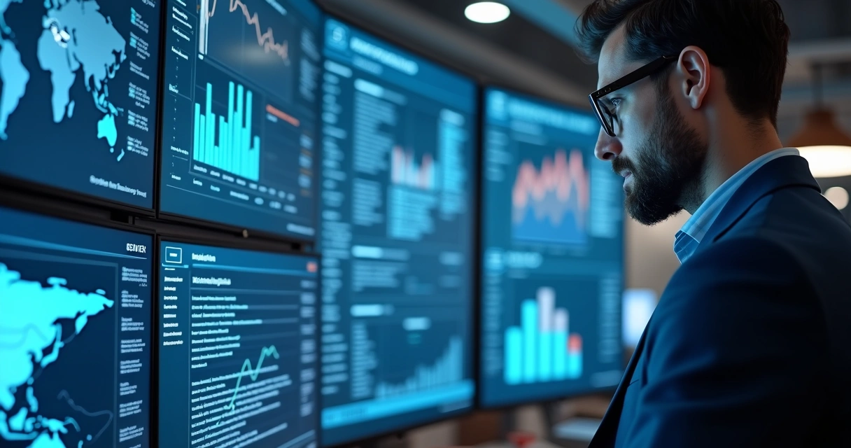 Painel digital com gráficos e dados de vendas sendo analisados 